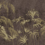 Tapet personalizat tropical cu bambus auriu pe un fundal maro inchis dark bamboo