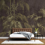 Tapet personalizat tropical cu bambus auriu pe un fundal maro inchis dark bamboo