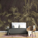 Tapet personalizat tropical cu bambus auriu pe un fundal maro inchis dark bamboo