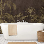 Tapet personalizat tropical cu bambus auriu pe un fundal maro inchis dark bamboo