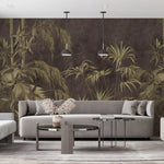 Tapet personalizat tropical cu bambus auriu pe un fundal maro inchis dark bamboo