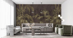 Tapet personalizat tropical cu bambus auriu pe un fundal maro inchis dark bamboo