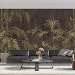 Tapet personalizat tropical cu bambus auriu pe un fundal maro inchis dark bamboo