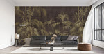 Tapet personalizat tropical cu bambus auriu pe un fundal maro inchis dark bamboo