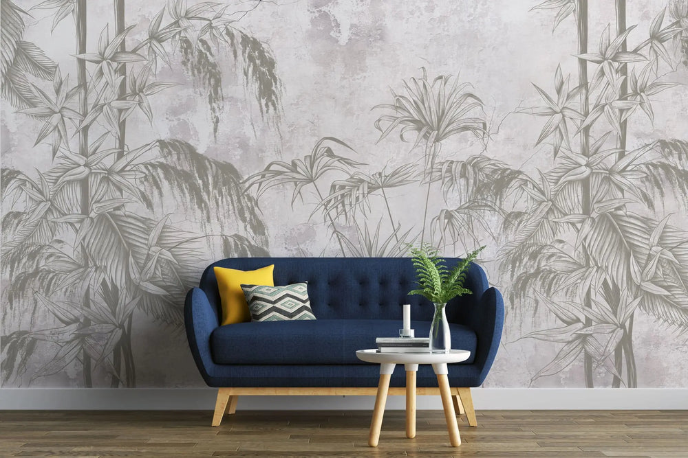 Tapet personalizat tropical cu bambus pe un fundal deschis white jungle