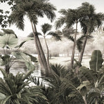 Tapet personalizat tropical cu ceata lasata peste apa din jungla palmieri si plante tropicale fog over the jungle
