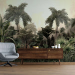 Tapet personalizat tropical cu junngla innorata peisaj tropical cu palmieri si plante tropicale cloudy jungle