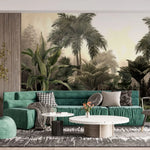 Tapet personalizat tropical cu junngla innorata peisaj tropical cu palmieri si plante tropicale cloudy jungle
