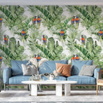 Tapet personalizat tropical cu pasari tropicale colorate printre frunze verzi de palmier tropical palm exotic birds