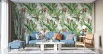 Tapet personalizat tropical cu pasari tropicale colorate printre frunze verzi de palmier tropical palm exotic birds