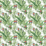 Tapet personalizat tropical cu pasari tropicale colorate printre frunze verzi de palmier tropical palm exotic birds