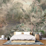Tapet personalizat tropical cu jungla tropicala aflata in ceata in nuante rozalii rose jungle