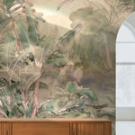 Tapet personalizat tropical cu jungla tropicala aflata in ceata in nuante rozalii rose jungle
