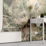 Tapet personalizat tropical cu jungla tropicala aflata in ceata in nuante rozalii rose jungle