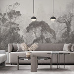 Tapet personalizat tropical cu jungla tropicala in nuante de gri si ceata grey safari