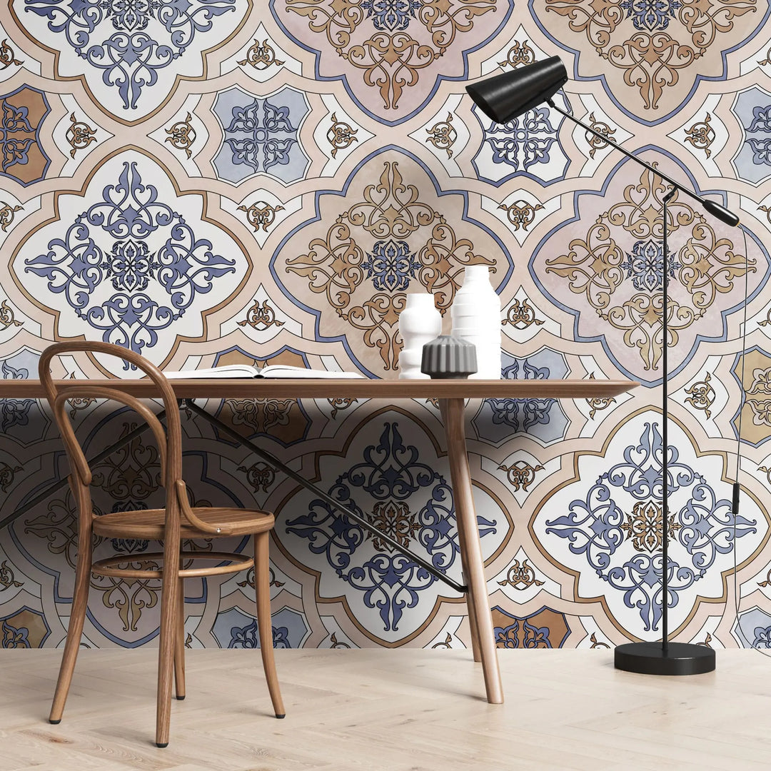 Tapet personalizat oriental cu model de inspiratie arabica damascan in nuante calde placute light damask