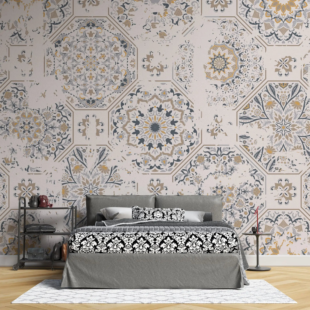 Tapet personalizat oriental cu modele de mandle in culori deschise warm mandala