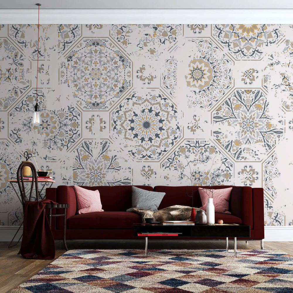 Tapet personalizat oriental cu modele de mandle in culori deschise warm mandala