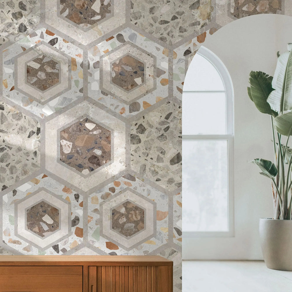 Tapet personalizat mozaic cu model de granit in nuante de bej si maro beige granit
