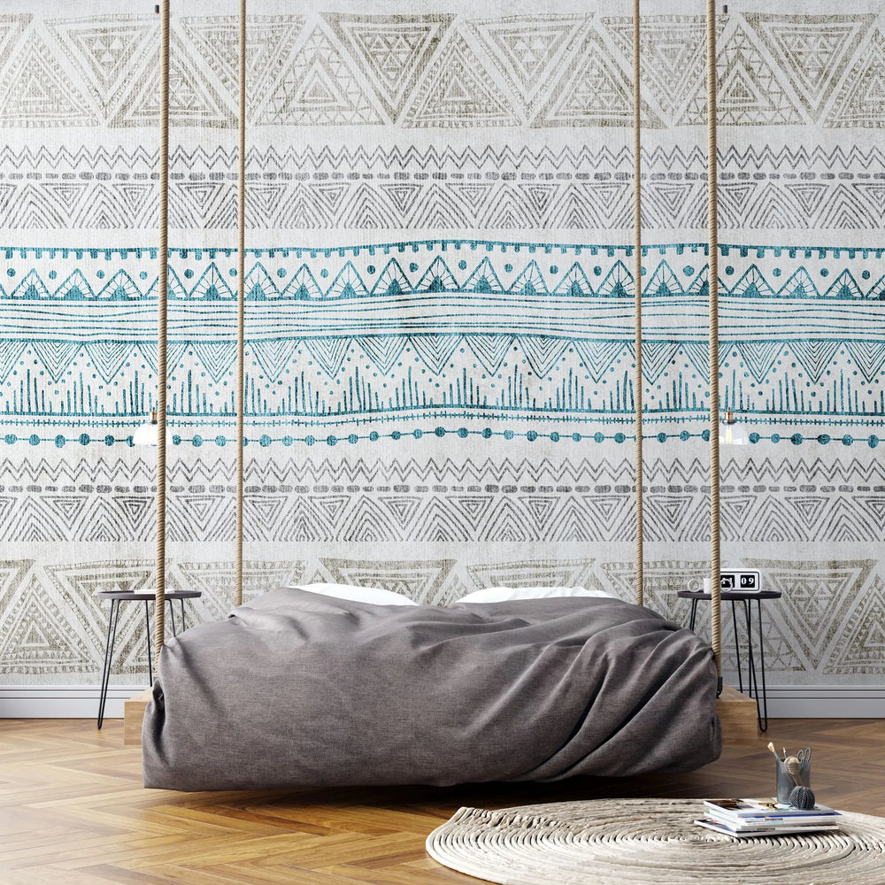 Tapet personalizat mozaic cu model aztec ikat in nuante de turcoaz si bej turqoise ikat