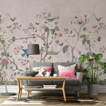Tapet personalizat oriental cu gradina chinezeasca plina de flori si animale pe un fundal roz pastel chinoiserie garden