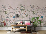 Tapet personalizat oriental cu gradina chinezeasca plina de flori si animale pe un fundal roz pastel chinoiserie garden
