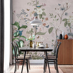 Tapet personalizat oriental cu gradina chinezeasca plina de flori si animale pe un fundal roz pastel chinoiserie garden
