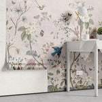Tapet personalizat oriental cu gradina chinezeasca plina de flori si animale pe un fundal roz pastel chinoiserie garden