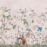 Tapet personalizat oriental cu gradina chinezeasca plina de flori si animale pe un fundal roz pastel chinoiserie garden