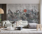 Tapet personalizat oriental cu cocori japonezi si steagul japoniei integrat pe un fundal de beton concrete japan
