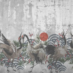 Tapet personalizat oriental cu cocori japonezi si steagul japoniei integrat pe un fundal de beton concrete japan