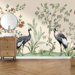 Tapet personalizat oriental cu cocori intr o gradina cu pomi fructiferi plante si arbori infloriti pe un fundal cald crane garden