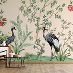 Tapet personalizat oriental cu cocori intr o gradina cu pomi fructiferi plante si arbori infloriti pe un fundal cald crane garden