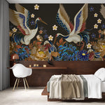 Tapet personalizat oriental cu pasari japoneze printre flori orientale pe un fundal negru dark oriental japanise