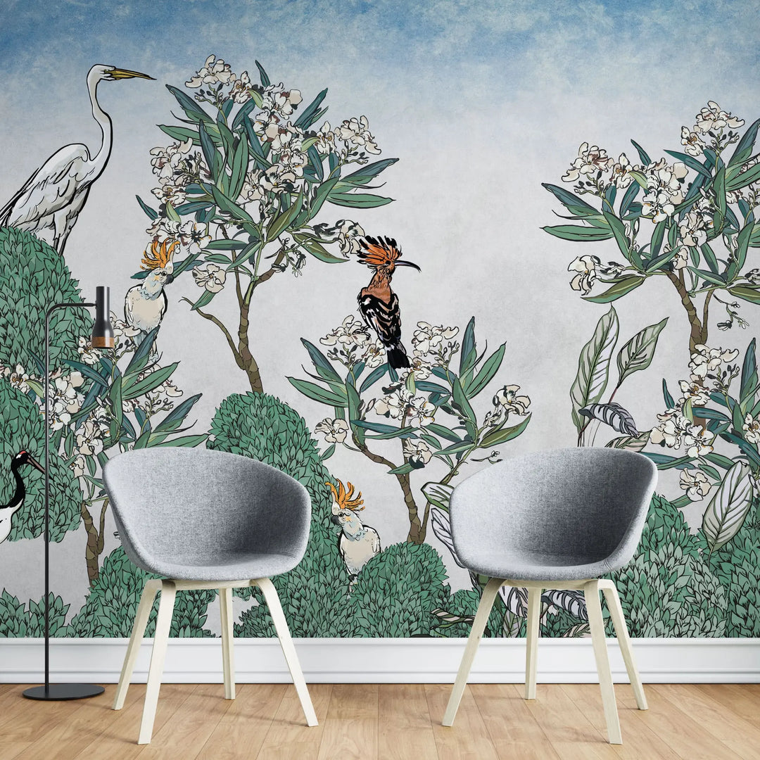 Tapet personalizat oriental cu pasari si plante exotice japoneze exotic sky