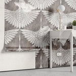 Tapet personalizat oriental cu egrete albe printre nori pe un fundal inchis flying egrets