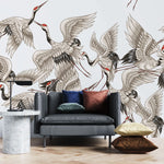 Tapet personalizat oriental cu cocori japonezi pe un fundal alb japanese crane