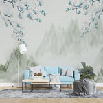 Tapet personalizat oriental cu peisaj japonez cu munti si flori albastre mount fiji