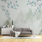 Tapet personalizat oriental cu peisaj japonez cu munti si flori albastre mount fiji