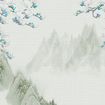 Tapet personalizat oriental cu peisaj japonez cu munti si flori albastre mount fiji