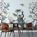 Tapet personalizat oriental cu egrete pauni fazani si copaci infloriti oriental garden