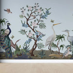 Tapet personalizat oriental cu egrete pauni fazani si copaci infloriti oriental garden