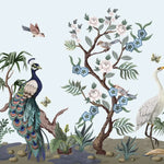 Tapet personalizat oriental cu egrete pauni fazani si copaci infloriti oriental garden