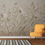 Tapet personalizat oriental cu cocori japonezi zburand printre plante de stuf reed cranes