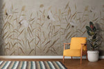 Tapet personalizat oriental cu cocori japonezi zburand printre plante de stuf reed cranes