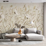 Tapet personalizat oriental cu cocori japonezi zburand printre plante de stuf reed cranes