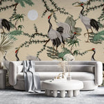 Tapet personalizat oriental cu cocori japonezi printre plante verzi si roci de stanca pe un fundal cald bej stone crane wall