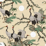Tapet personalizat oriental cu cocori japonezi printre plante verzi si roci de stanca pe un fundal cald bej stone crane wall