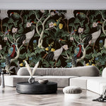 Tapet personalizat oriental cu cocori japonezi si fazani intr o jungla exotica orientala inflorita oriental jungle