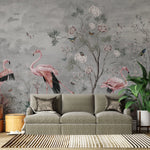 Fototapet personalizat zen oriental cu flori si pasari flamingo pe un fundal gri pink grayscale
